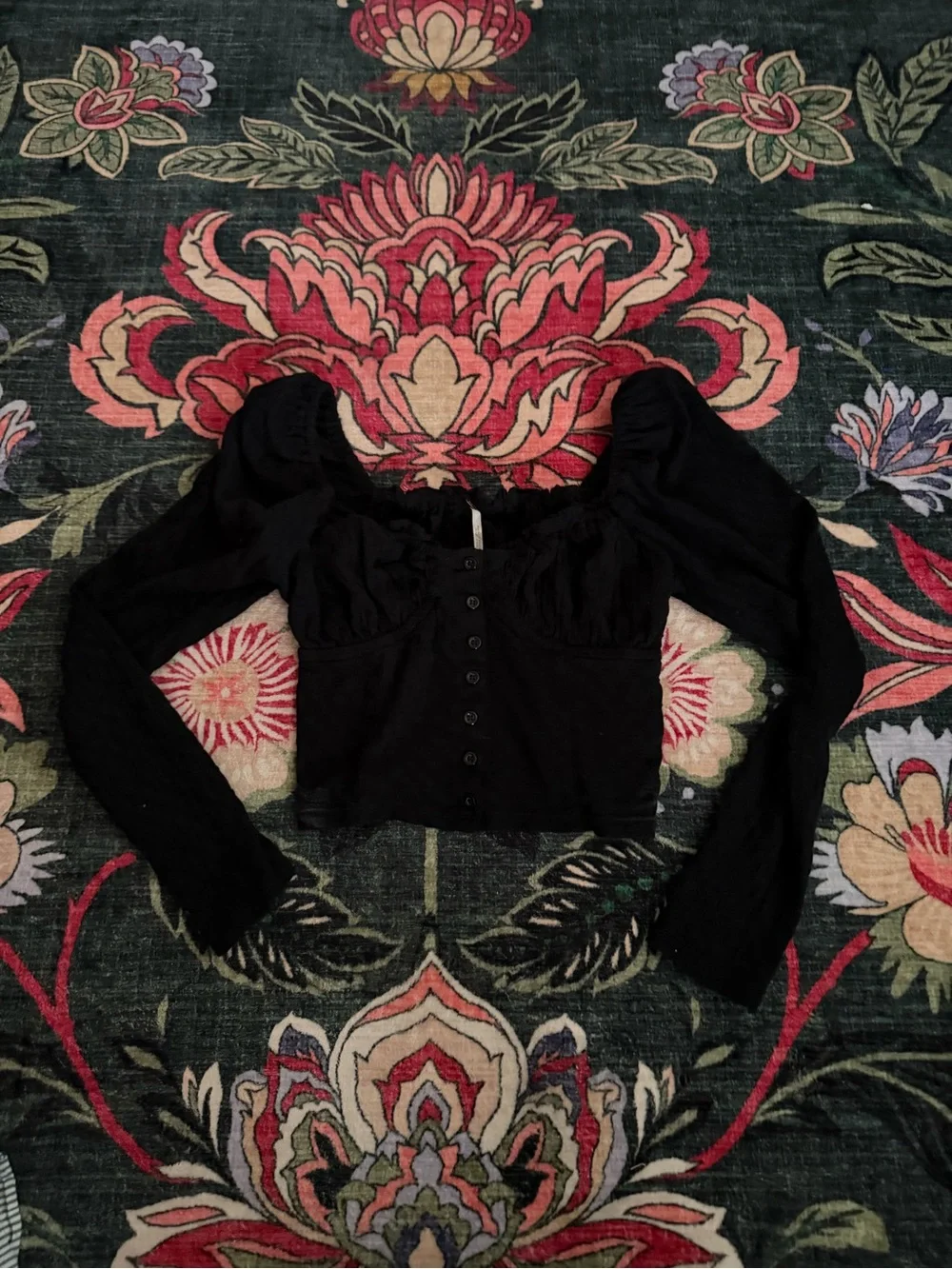 Free People Ladybug Top Black Smocked Puff Sleeve Crop Top Size S